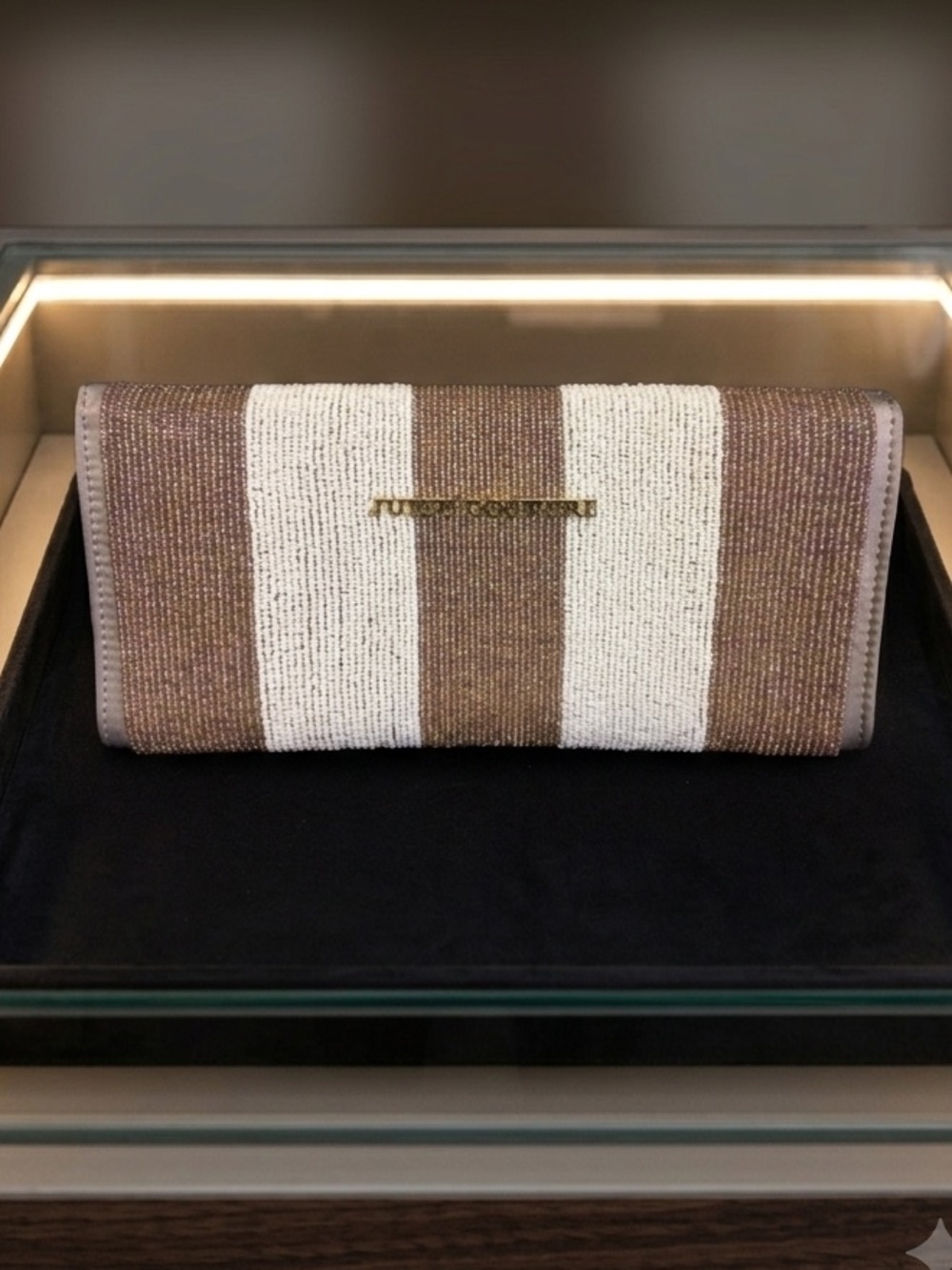Juicy Couture Bag Beaded Disco Clutch Gold White Purse Glitz Striped Iridescent